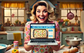 Dall·e 2024 07 26 12.07.53 A Hilarious Ad For A Baking Website Featuring A Woman Holding A Laptop With A Pleasant Look On Her Face. The Woman Has A Joyful Expression Bright Eye 1